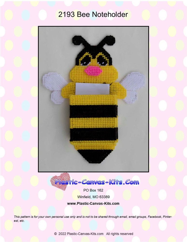 Magnetic Bee Note Holder- Plastic Canvas Pattern or Kit