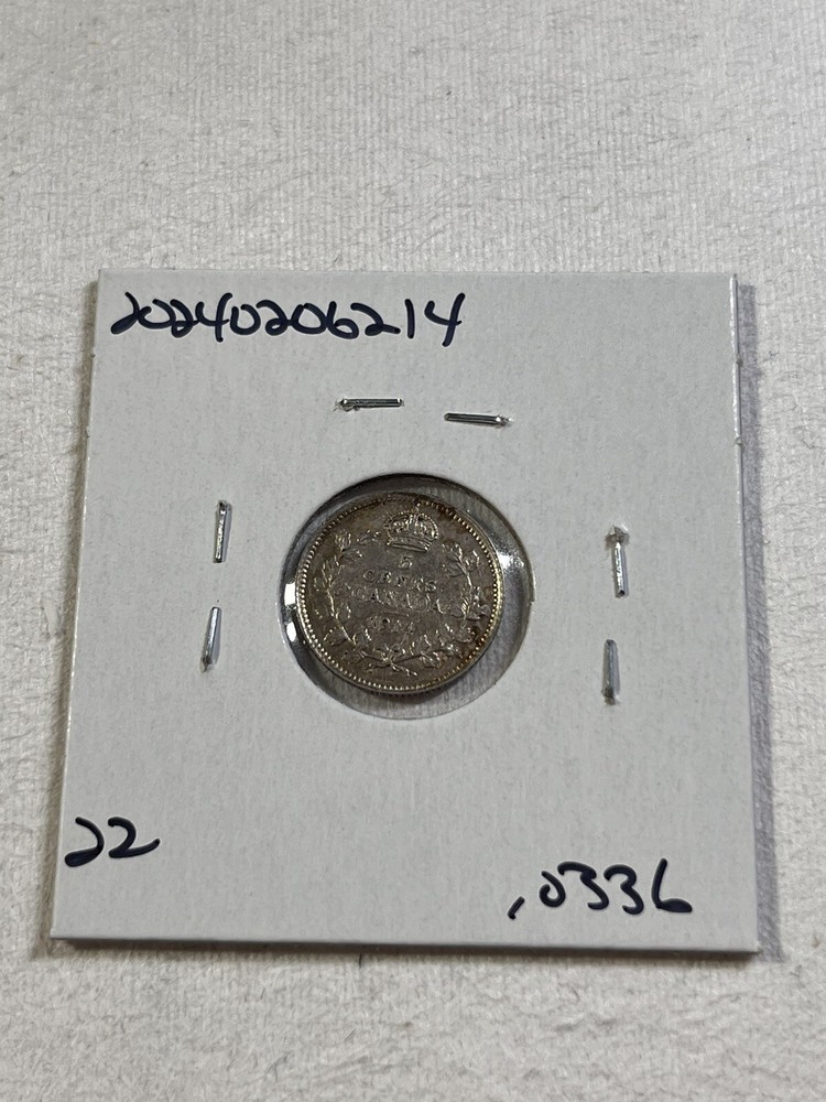 1914 Canada 5 Cents Small Silver Coin Cleaned