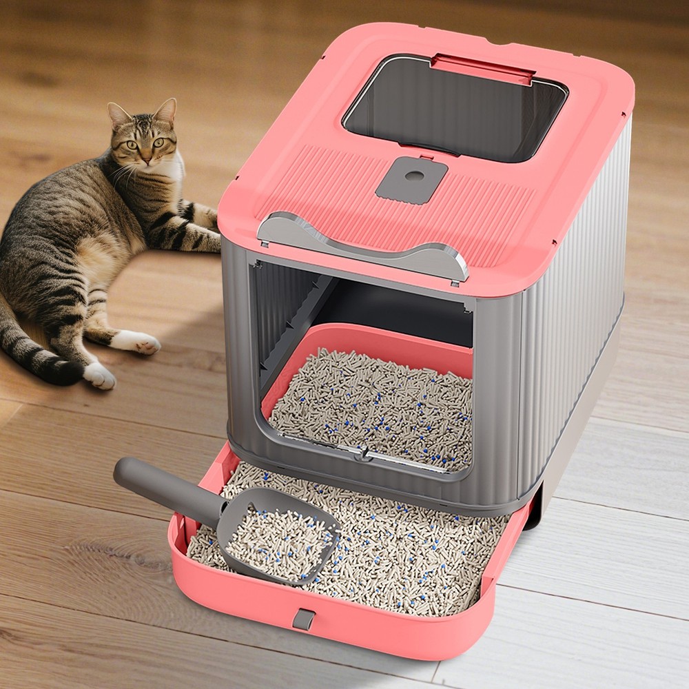 Large Space Foldable Cat Litter Box with Front Entry & Top Exit & Slide Tray