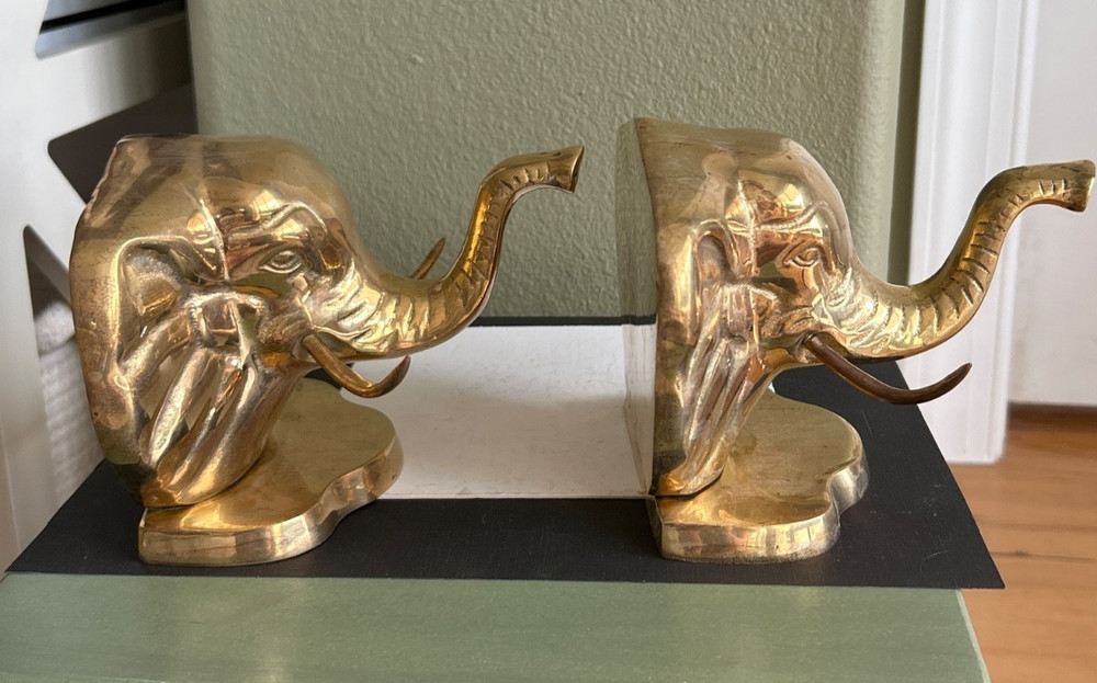 Bookends Vintage Solid Brass Elephant Trunks Up "Good Luck" MCM pair *