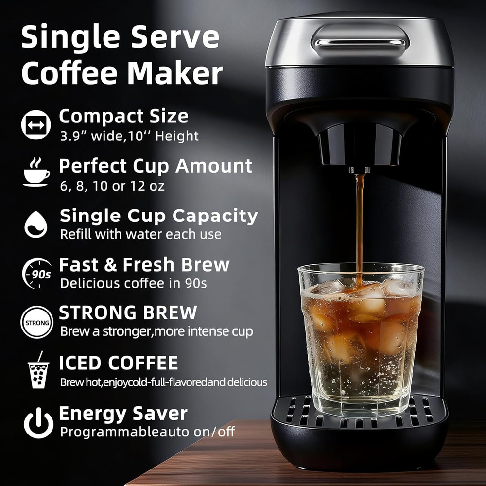 Compact Single Serve Coffee Maker for K Cups & Grounds, Fast Brew 6-12 Oz