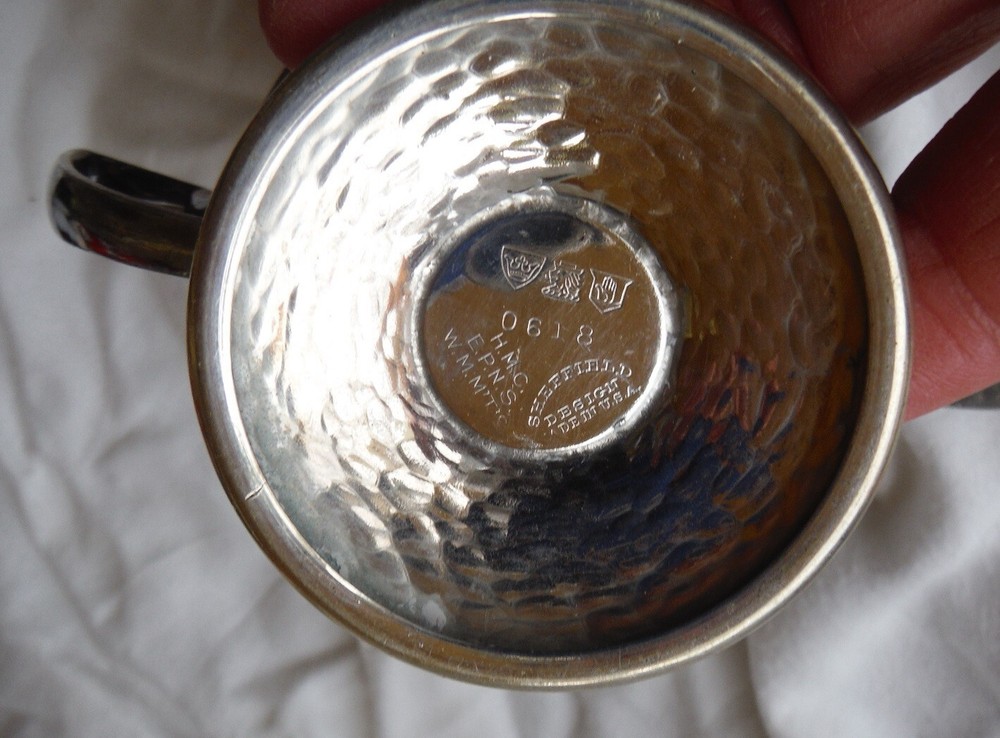 MCM Sheffield Creamer & Sugar Hammered Silverplate w/ Shield "M" Monogram - EUC