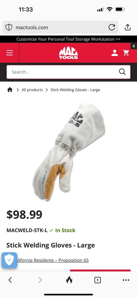 Mac Tools stick welding gloves XL