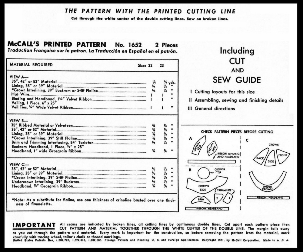 McCall's #1652 Hat Cap Fabric Sewing Pattern Chemo Alopecia