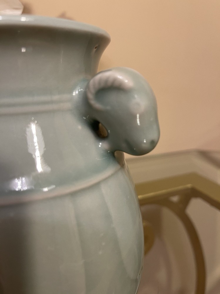 Mid 20th Century Celadon Vase With Ram's Head Handles