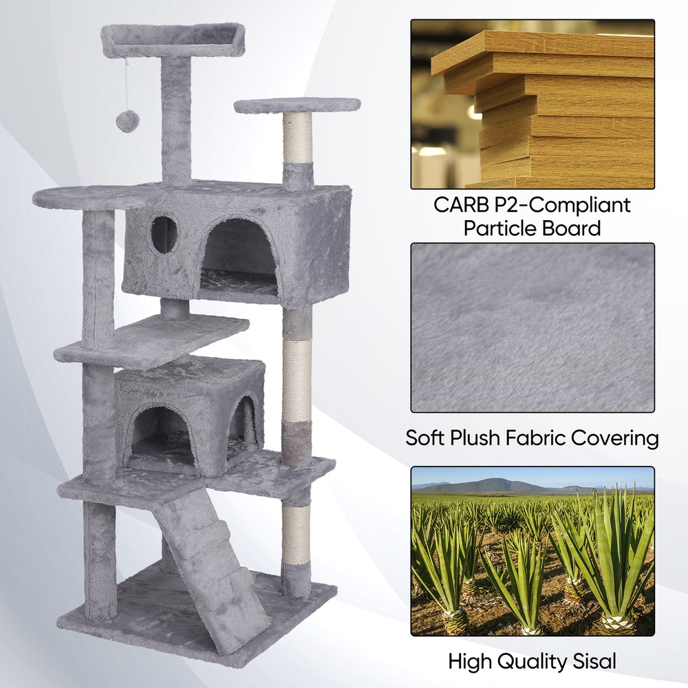 55'' Cat Tree Tower with Sisal Posts Sturdy Cat Activity Center Light Grey