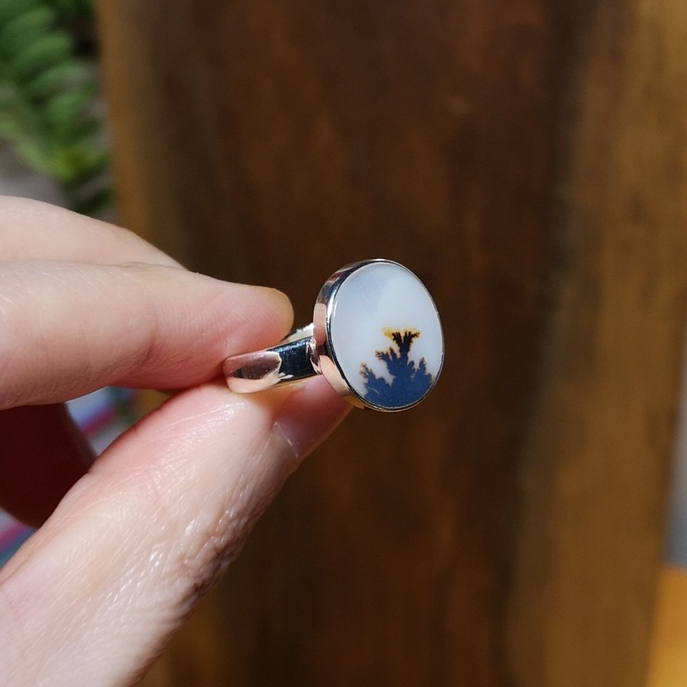 Beautiful Dendritic Agate Sterling Silver Ring US ring size 8