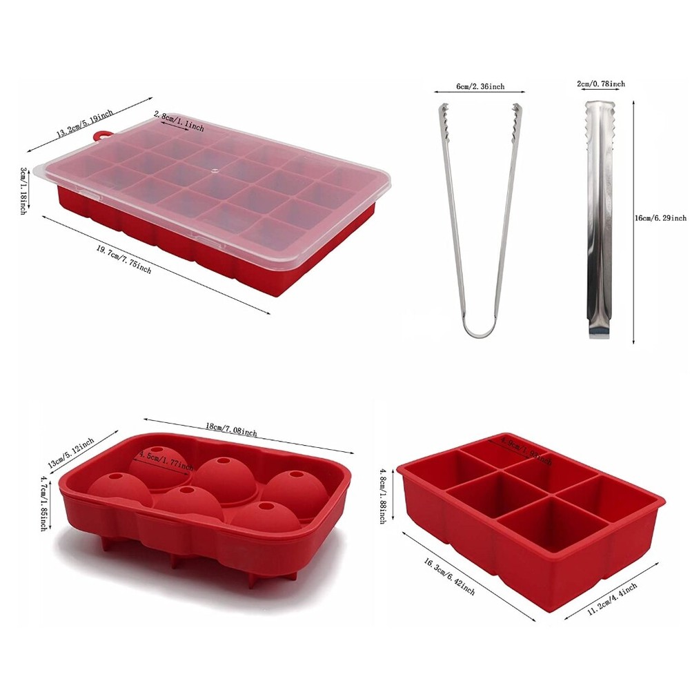 Silicone Ice Ball Maker Pieces, Small & Large Square Ice Cube Molds Tangs