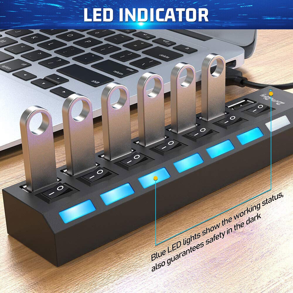 7 Port USB 3.0 Powered Hub Switch Splitter for PC Laptop Desktop Computer