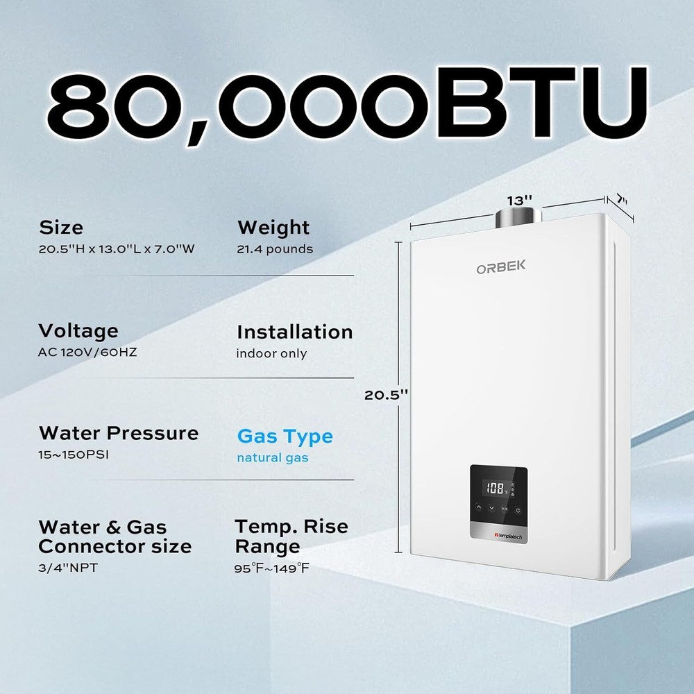 Tankless Water Heater Natural Gas 3.6 GPM 80,000 BTU On-Demand Hot Water