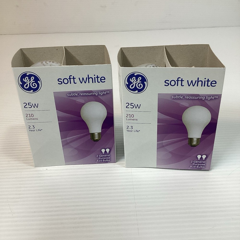 GE 25W Soft White A19 Medium Base General Purpose 2 Pack/4 Bulbs New