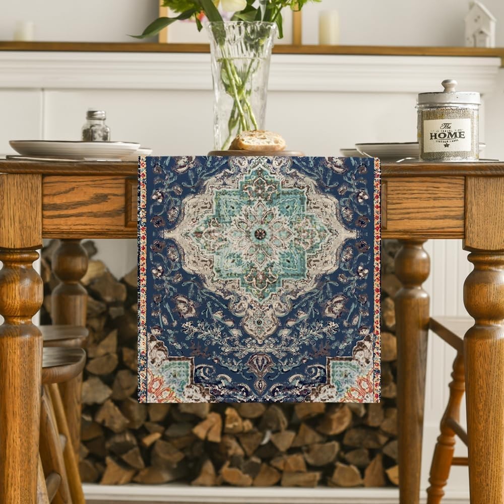 Boho Blue Table Runner 13x72 Inch Rustic Farmhouse Winter Dining Table Decor