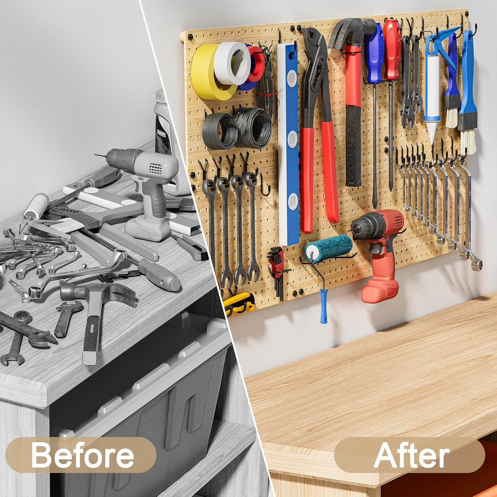 Bamboo Peg Board, Eco-Friendly Pegboard Organizer Set with 35 Hooks – Wall Mount