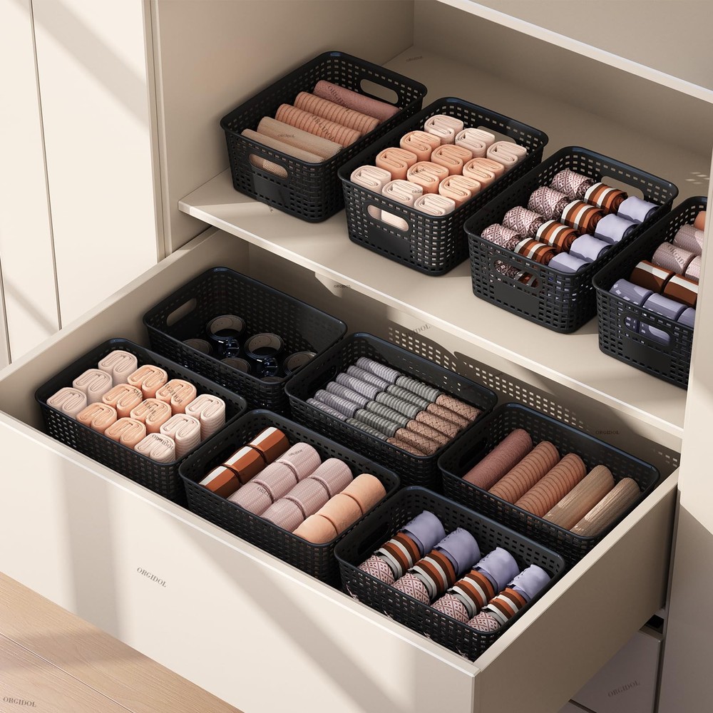 ORGIDOL Plastic Storage Basket with Lids 12 Pack Stackable Black Storage Bins Co