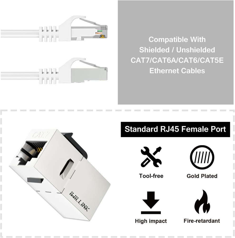 10Gbps CAT7 Coupler RJ45 Keystone Shielded Coupler 10-Pack, Ethernet Coupler, Fe