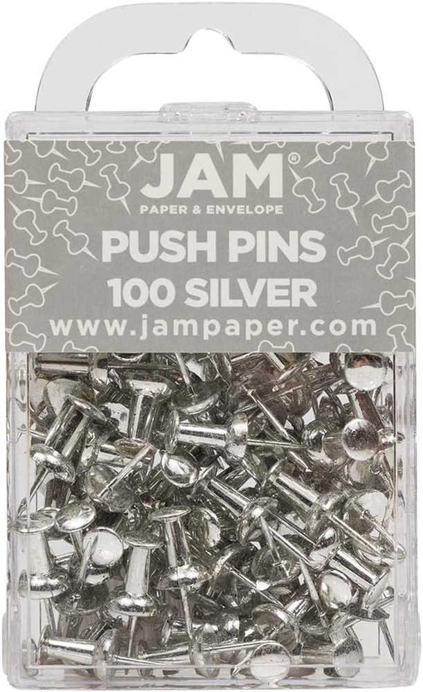 JAM PAPER Colorful Push Pins - Silver Pushpins - 100/Pack