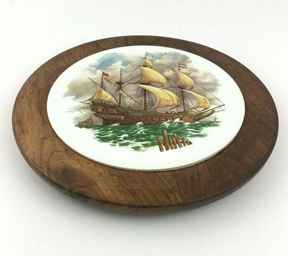 Wood Framed Ceramic Ship Sailing Boat Trivet