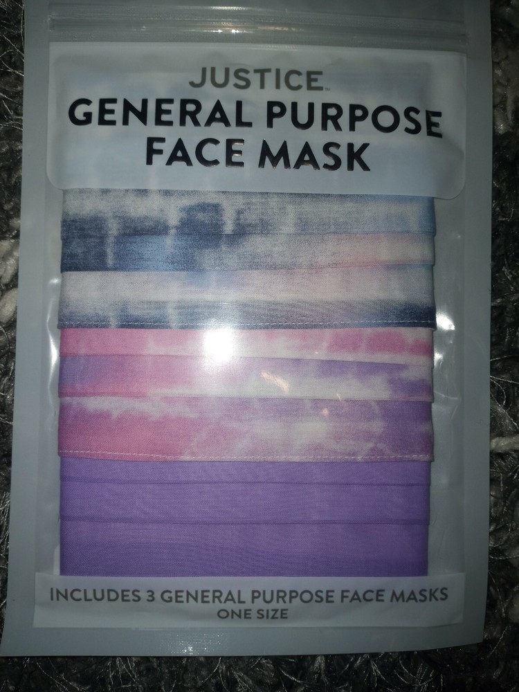 Justice 3pk reusable Face MAsk 2 tye dye & 1 solid new