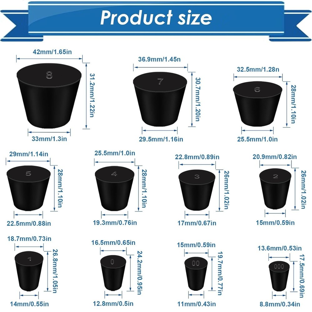 24Pcs Rubber Stoppers Assorted Sizes #000-8 Solid Lab Bottle Plug Seal Kit