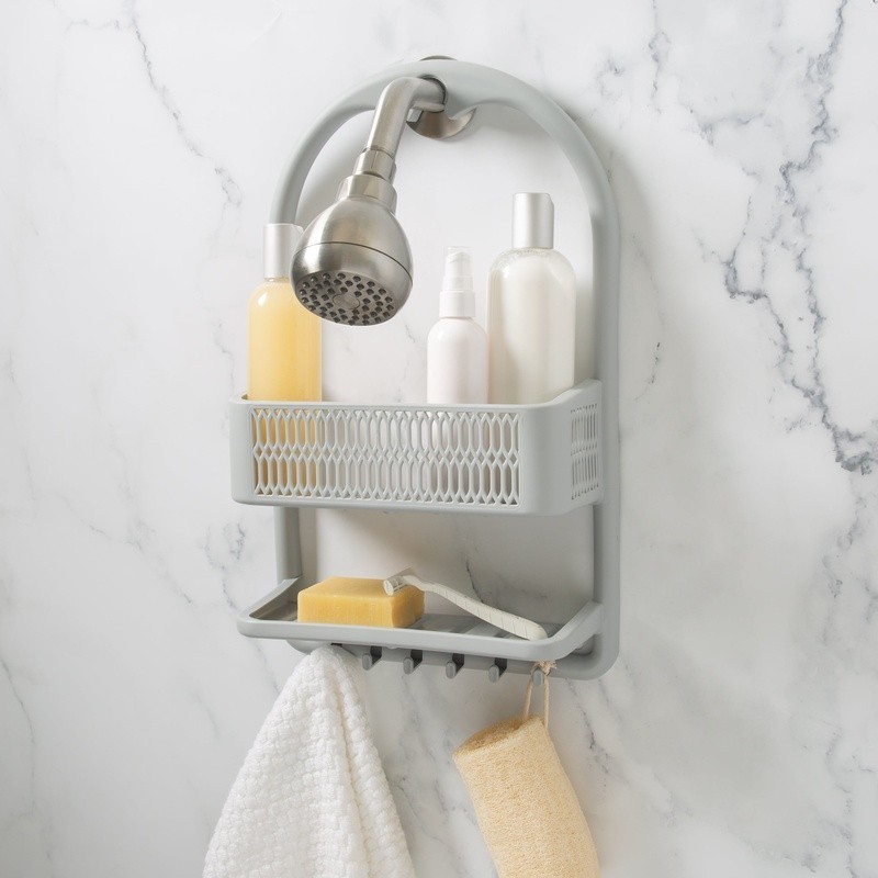 Molded Plastic Shower Caddy Overhead Organizer 2 Tier W/ 6 Accessory Hooks NEW