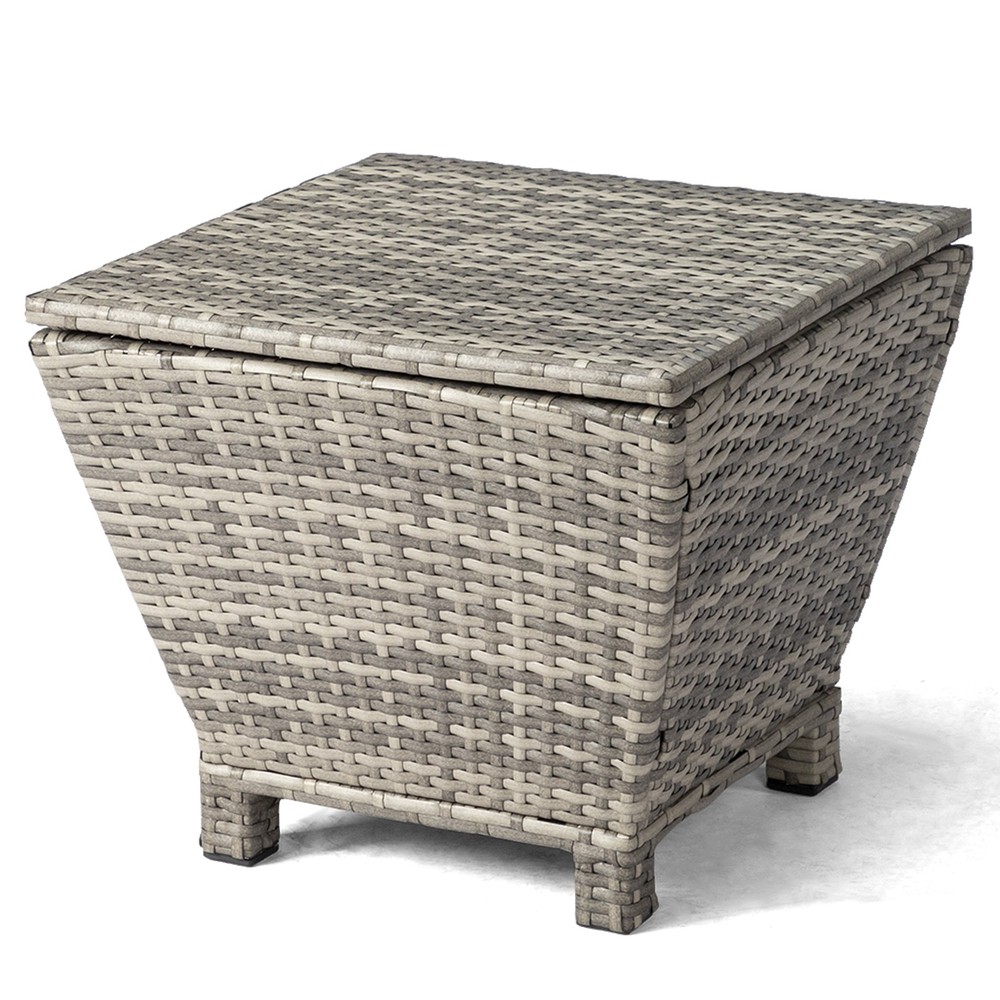 Outdoor PE Wicker Side Table with Storage, Small Patio Storage Bin Container