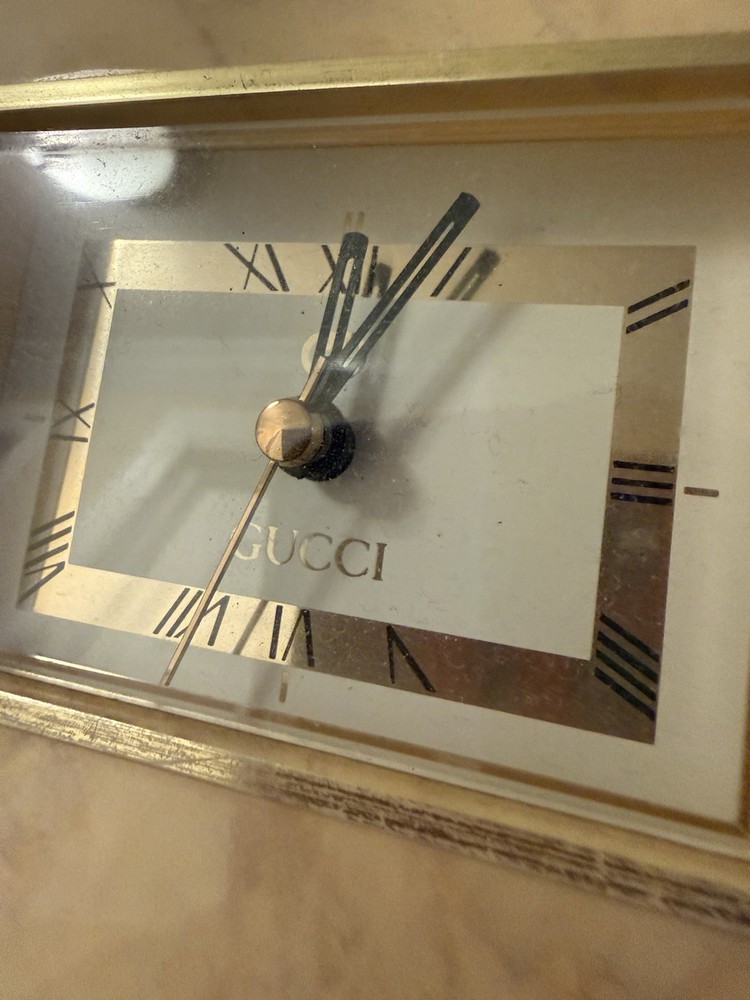 Gucci Beige Gold Rectangular Desk Clock Analog Roman Numerals Quartz Plastic