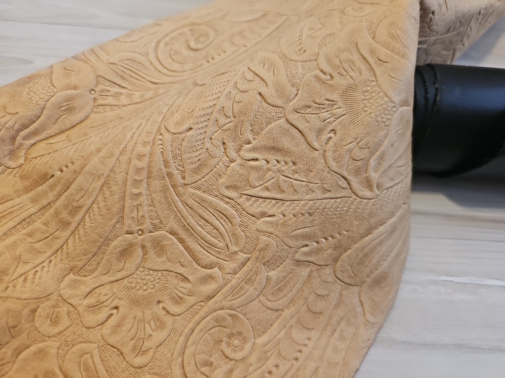 3-4oz MATTE SADDLE TAN FLORAL EMBOSSED SOFT LEATHER HIDE PANEL,SHEET,24x24,SQUAR