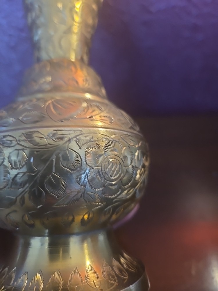 Antique Kasmiri Style Etched Solid Brass Fluted Vase India Makers Msrk On Bottom