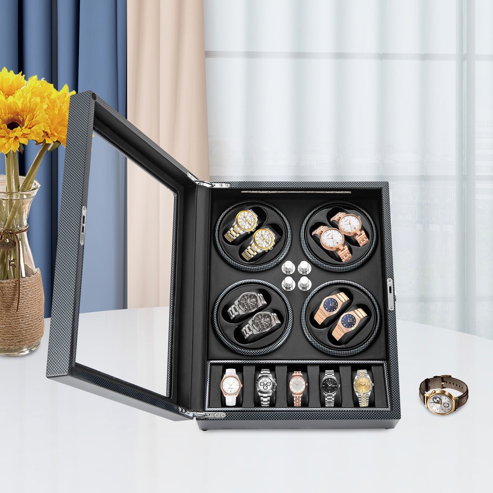 Automatic Rotation 8 Watch Winder Box w/5 Watches Display Storage Case LED Light