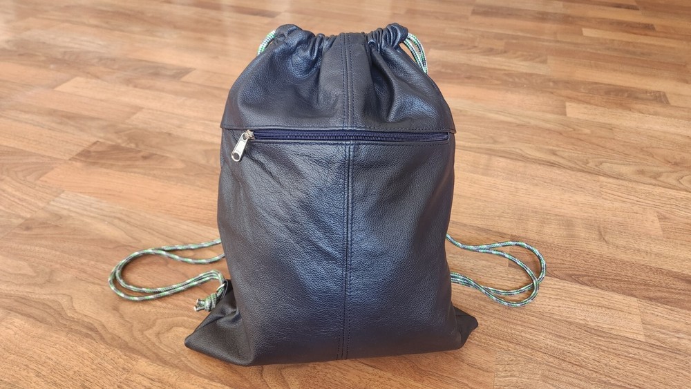 Blue Leather Drawstring Sackpack Bag, String Sack Backpack Handbag, Cory