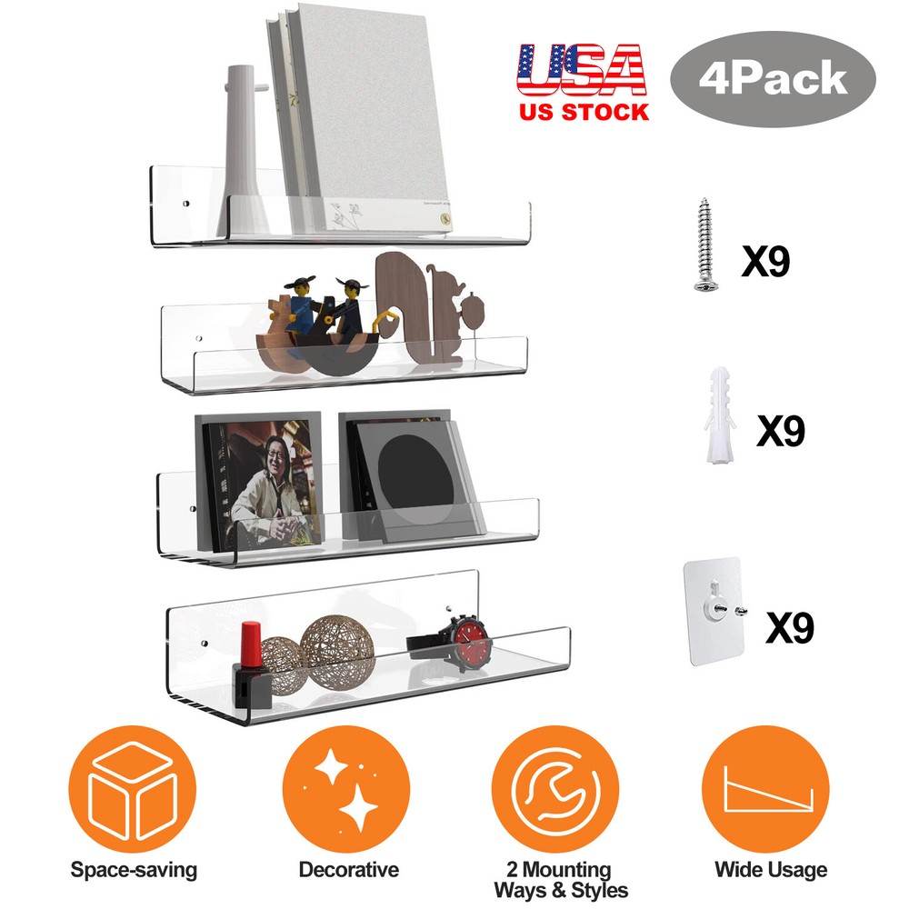 4 Pack 15 Inch Acrylic Invisible Floating Wall Ledge Floating Display Shelves