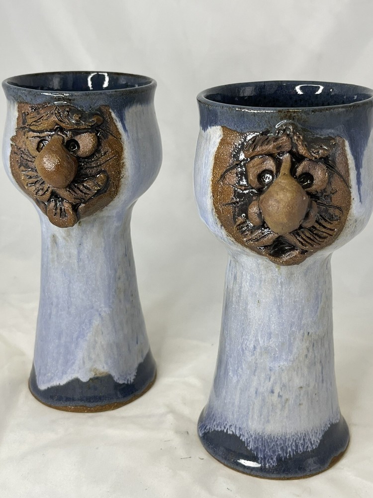 Studio Pottery Ugly Funny Face Wine Goblets
