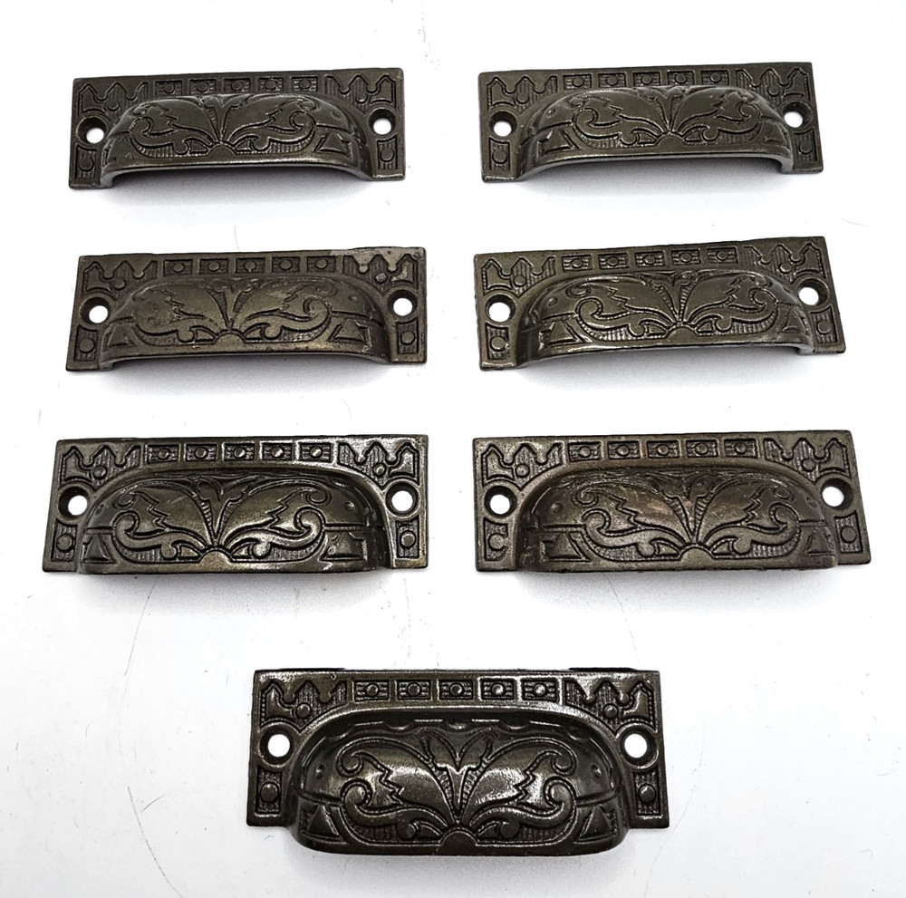 VICTORIAN IRON BIN DRAWER PULLS CABINET HARDWARE 7 ORIGINAL DECORATIVE HANDLES