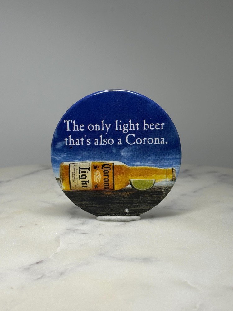 Corona Light Beer Button Pin: Blue Glossy - 2000s Bar Accessory