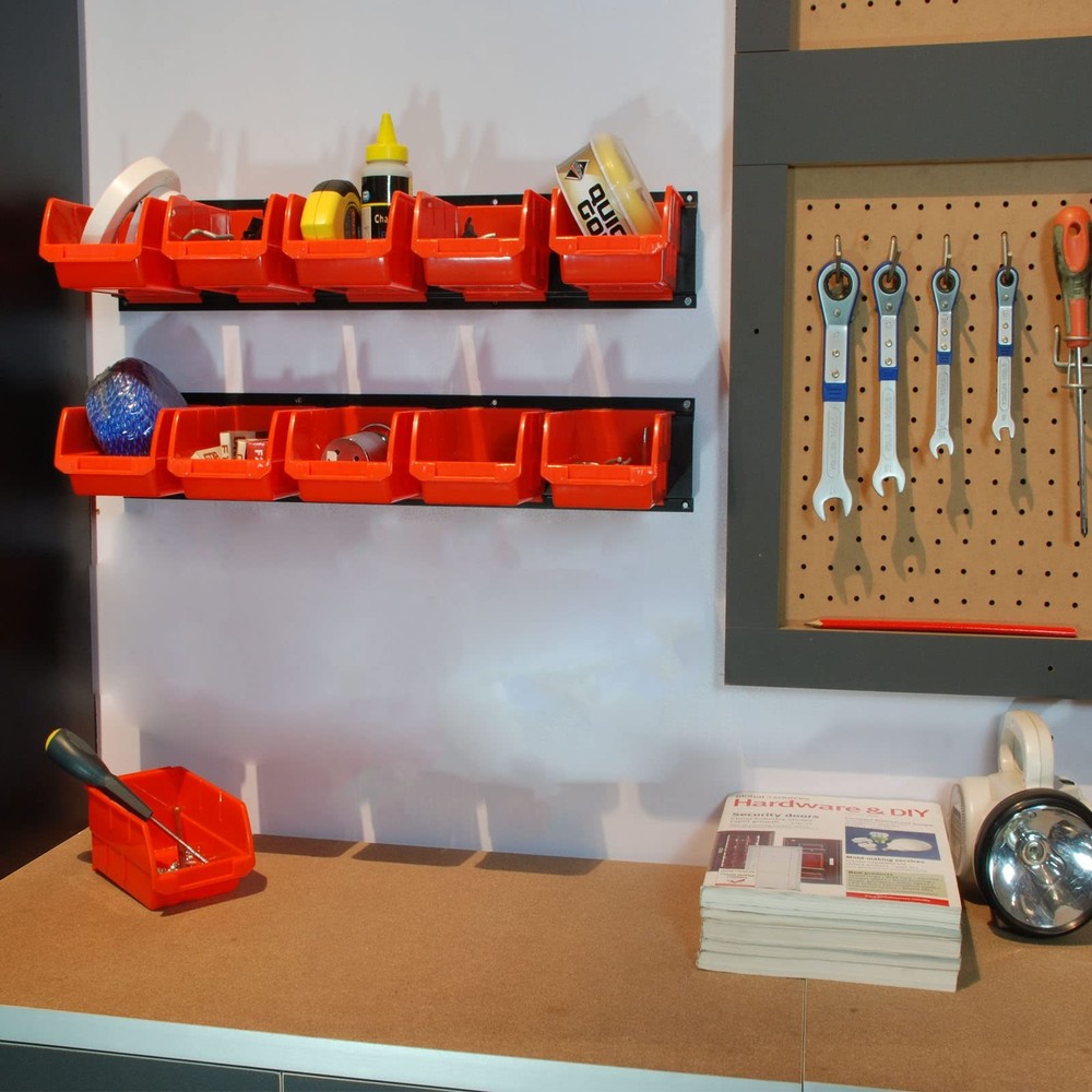 Wallmaster Garage Storage Rack with 8 Bins - 2-Tier Tool Organizer, Orange