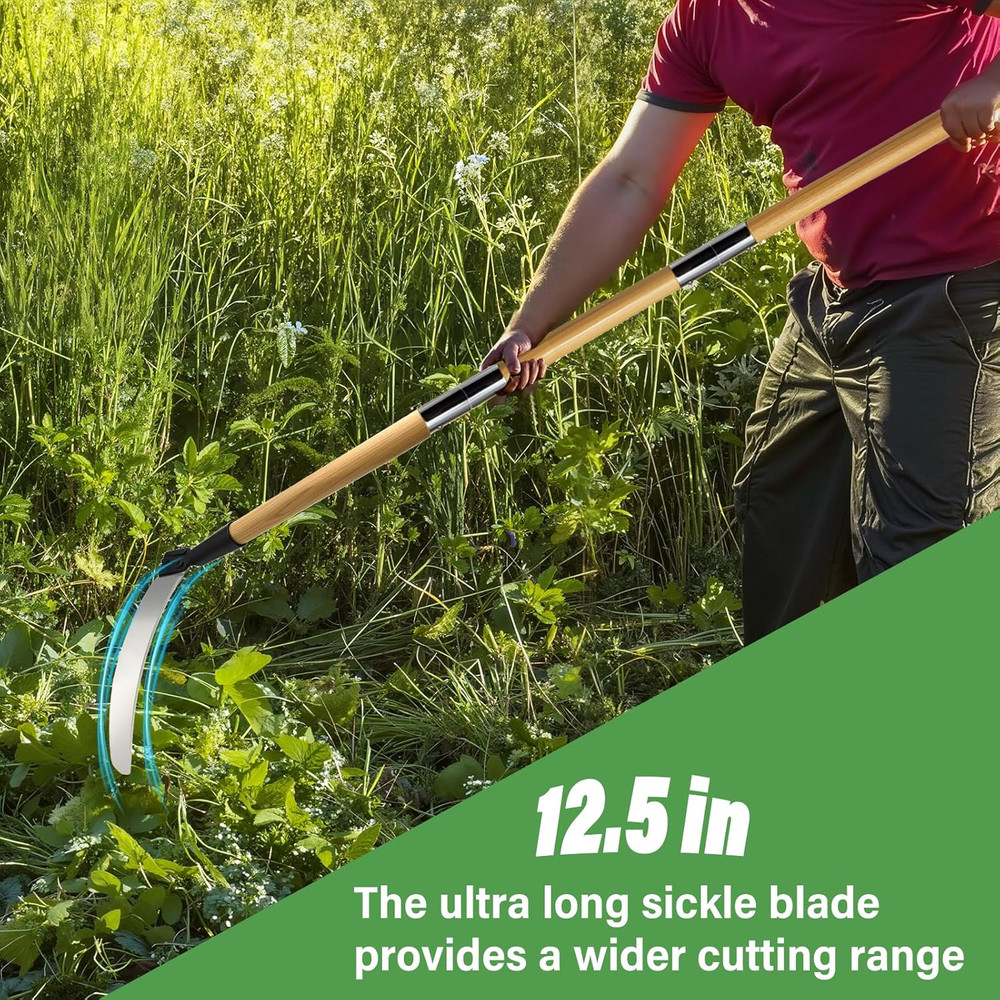 Solid Wood Long Handle Weeding Sickle, 32Cm Extended Blade for Efficient Weed &