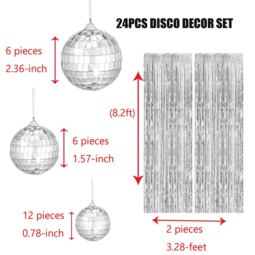 26 Pack Disco Ball Decorations Set - 24 Mirror Mini Glass Hanging Silver