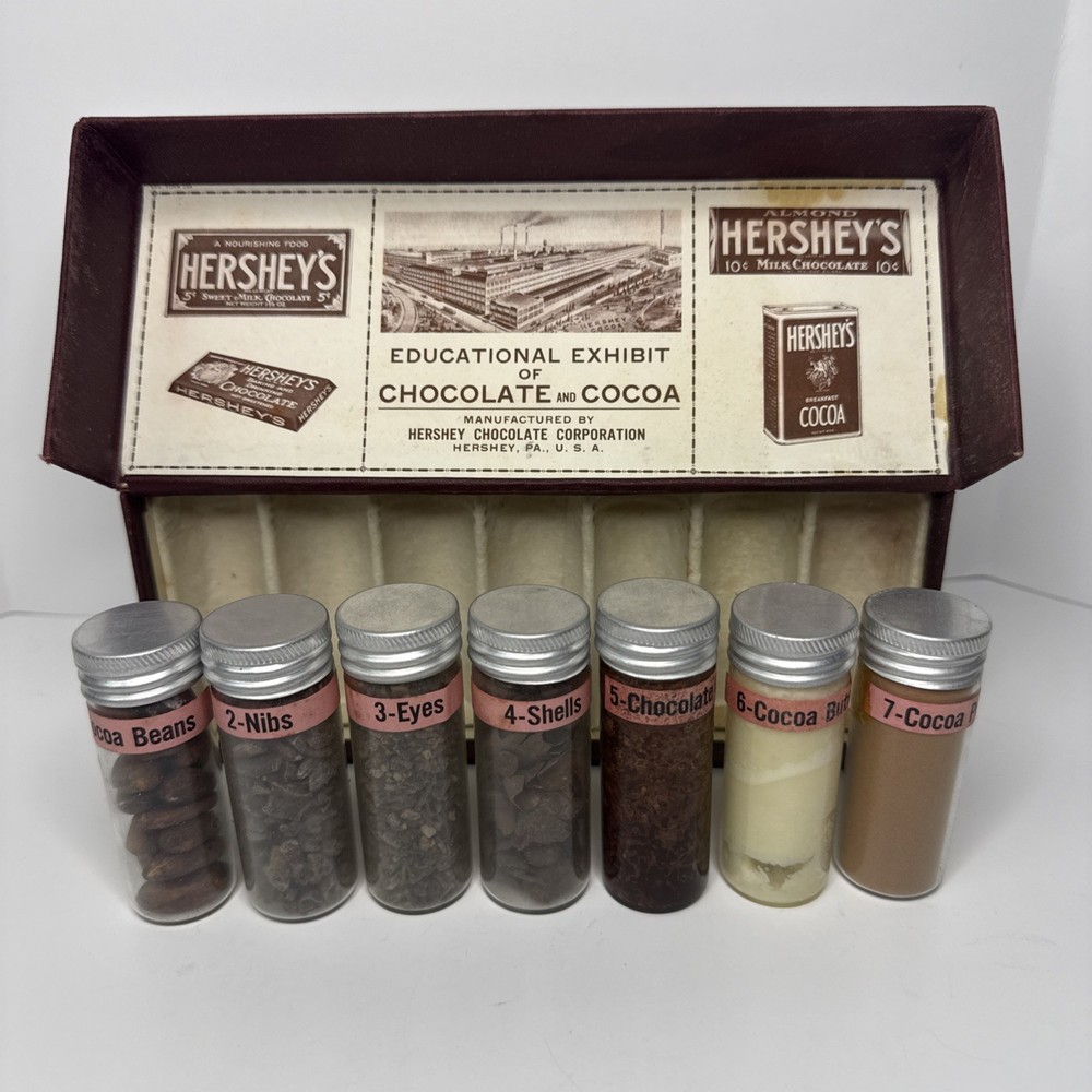 Hershey Chocolate Educational Glass Sample display Never Used Full Bottle