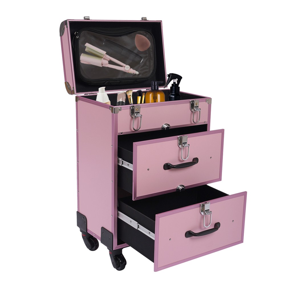 Rolling Makeup Train Case with Drawers Professional Cosmetics Storage Organizer