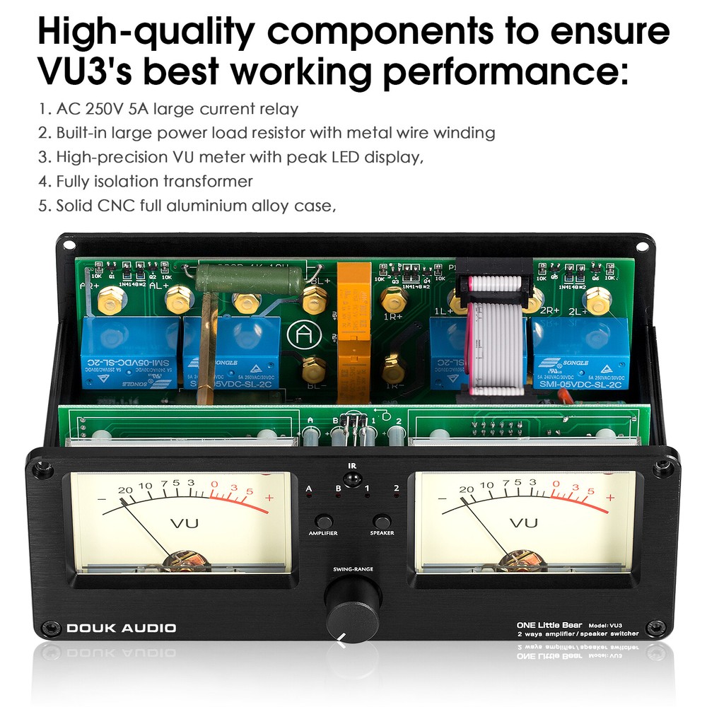 Douk Audio VU3 Amplifier/Speaker Selector Box Dual Analog VU Meter DB Display