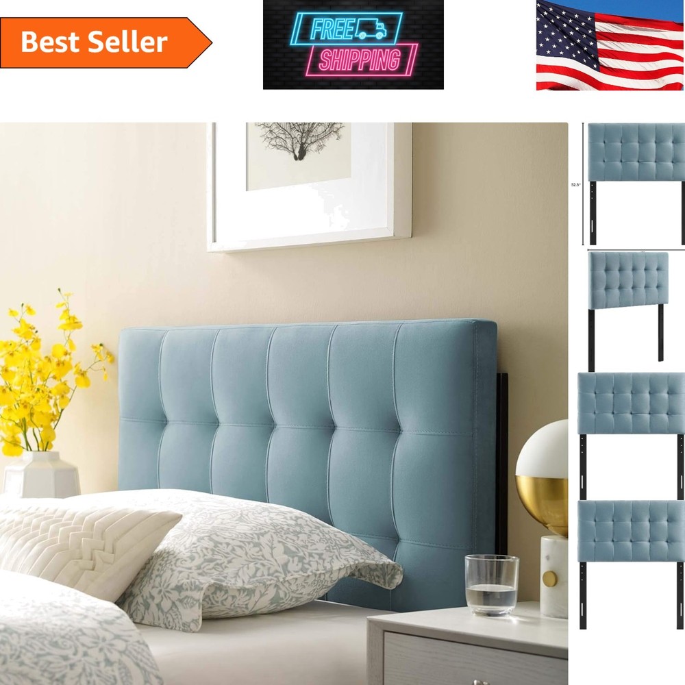 Chic Twin Size Adjustable Velvet Headboard with Biscuit Tufting - Light Blue