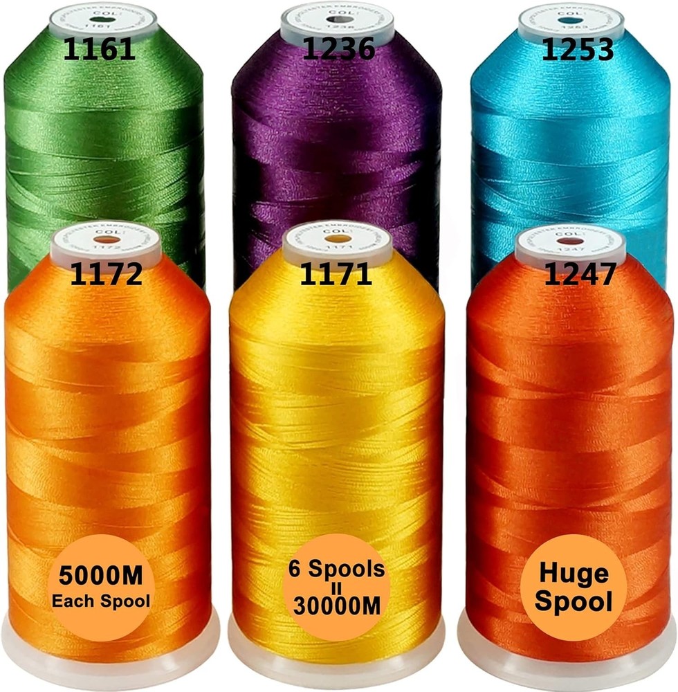 Color Packed Polyester Embroidery Thread - 6 Vibrant Colors