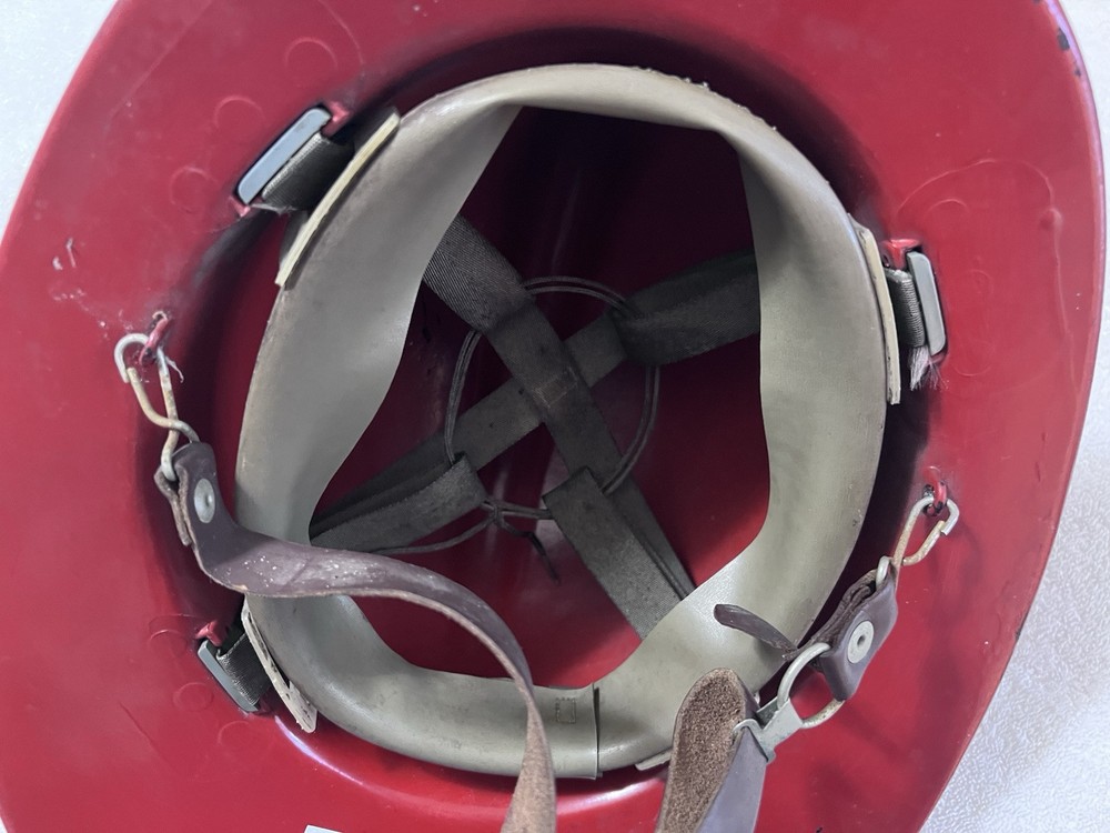 VTG MSA Fireman’s Helmet Red with original adjustable strap.