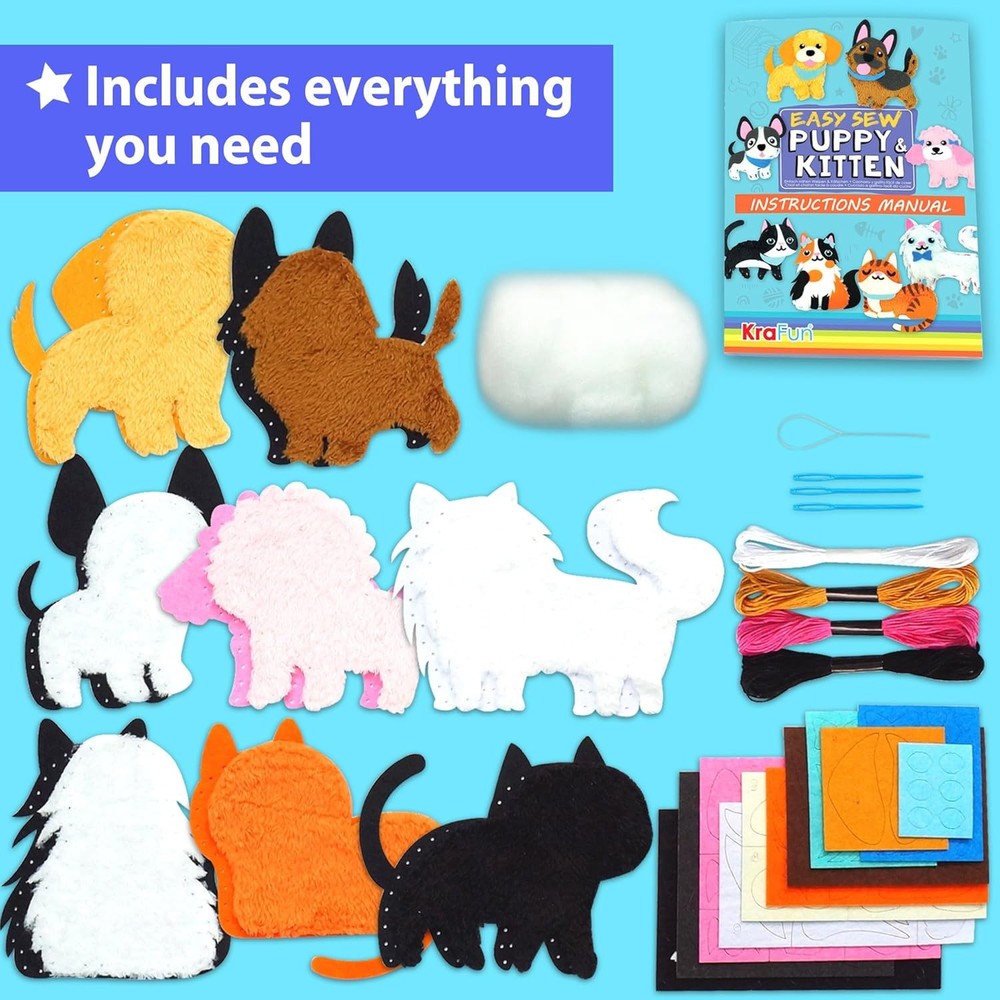 KRAFUN Easy Sewing Kit Beginner Kids 8 Projects Stuffed