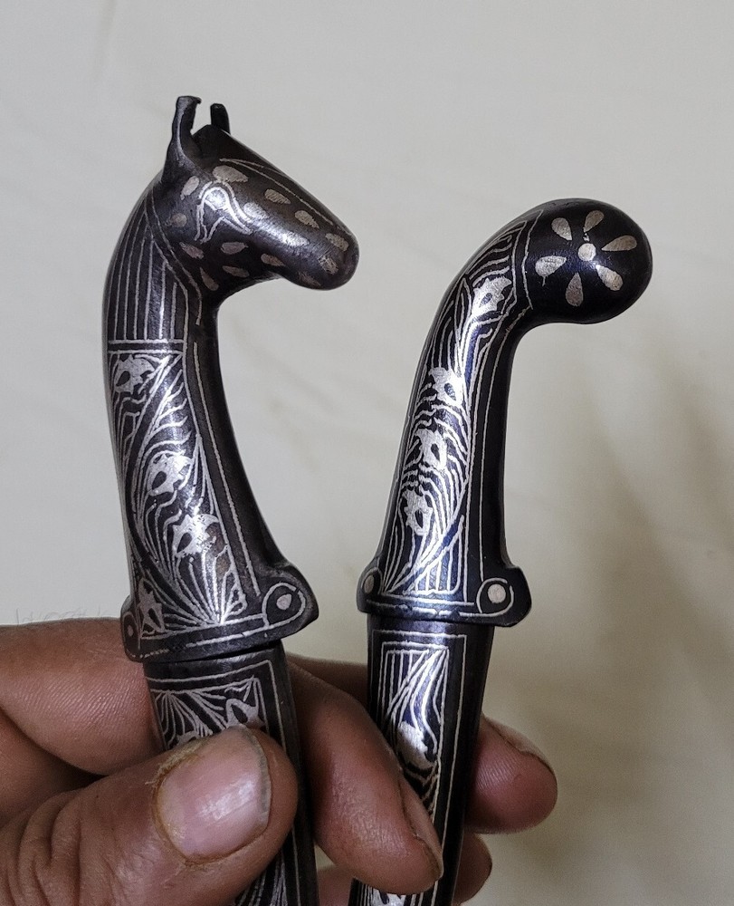 Vintage Small Size Mughol Silver Wire Koftgiri Work Damascus Dagger Knives Pair