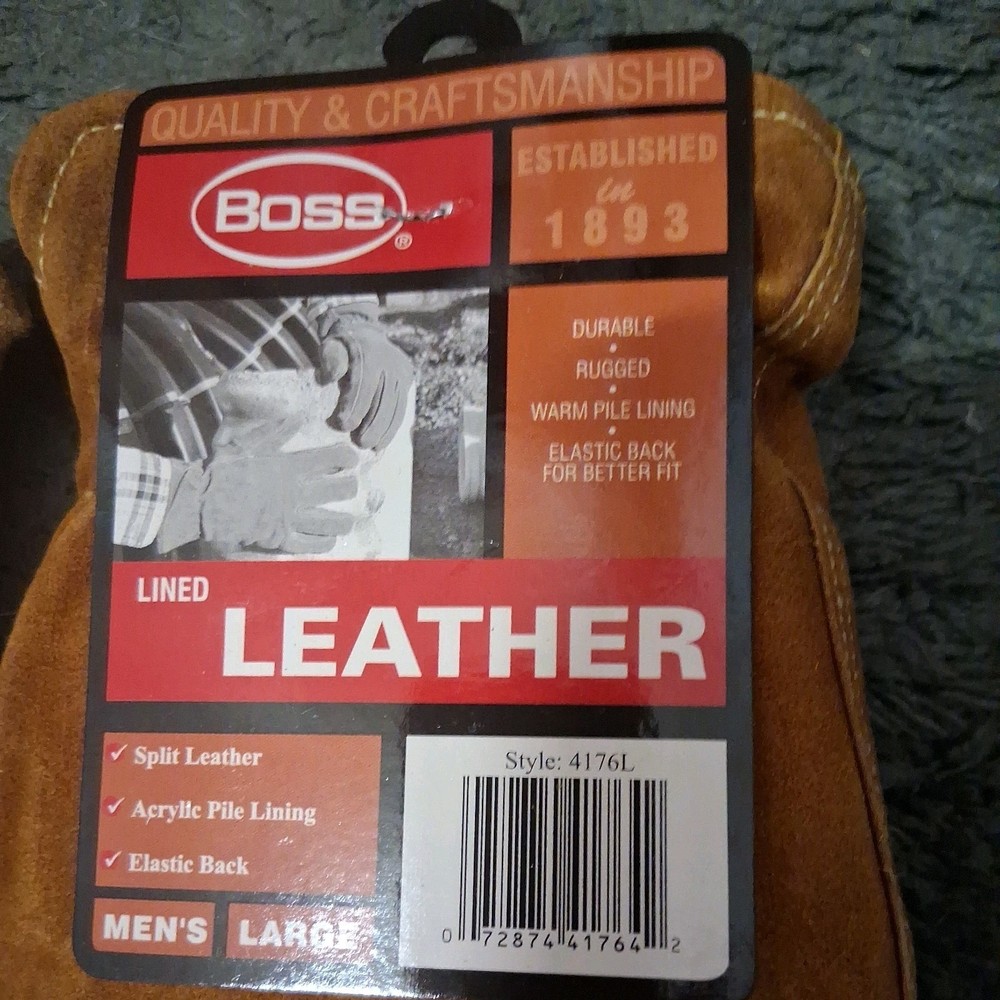 Boss Mens Leather Lined Work Gloves, Large (1 pair)