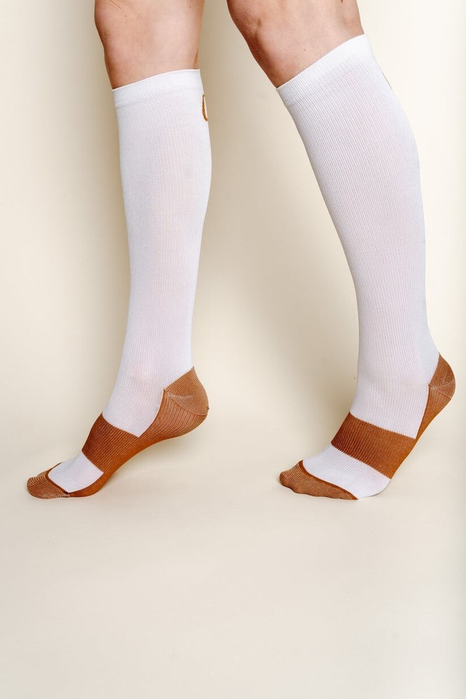 Alpha Sole - Knee High White + Copper Compression Socks