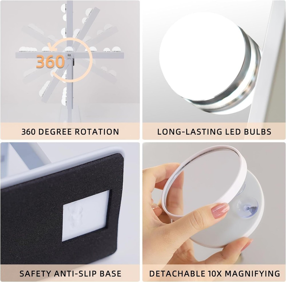 Dimmable Lighted Makeup Vanity Mirror - Detachable Magnification & Modern Design