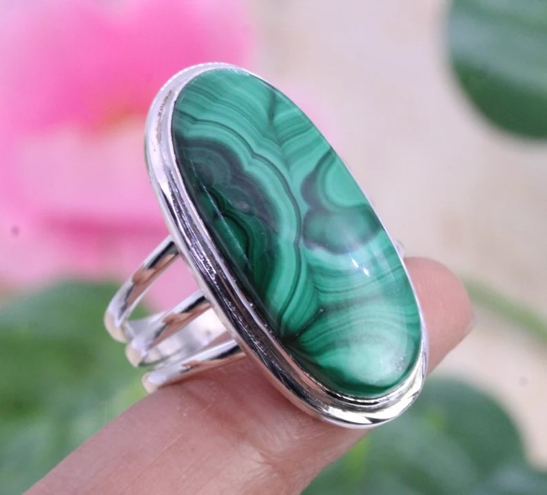 Solid 925 Sterling Silver Natural Malachite Oval Gemstone Statement Band Ring