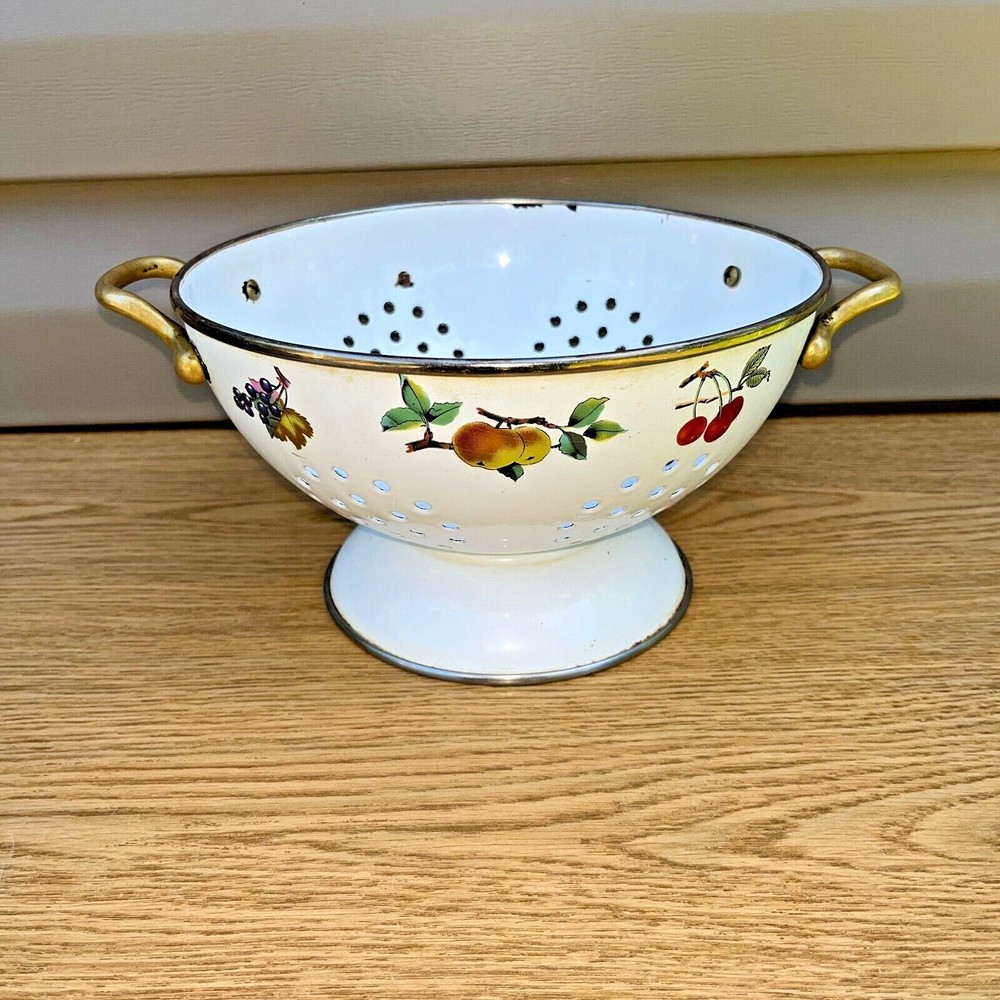 Vintage White Colander Strainer Handles Fruit Cherries Design